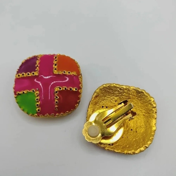 Gold Tone Fashion Multicolored Enamel Patchwork Abstract Art Pattern Earrings 1" - Picture 3 of 7